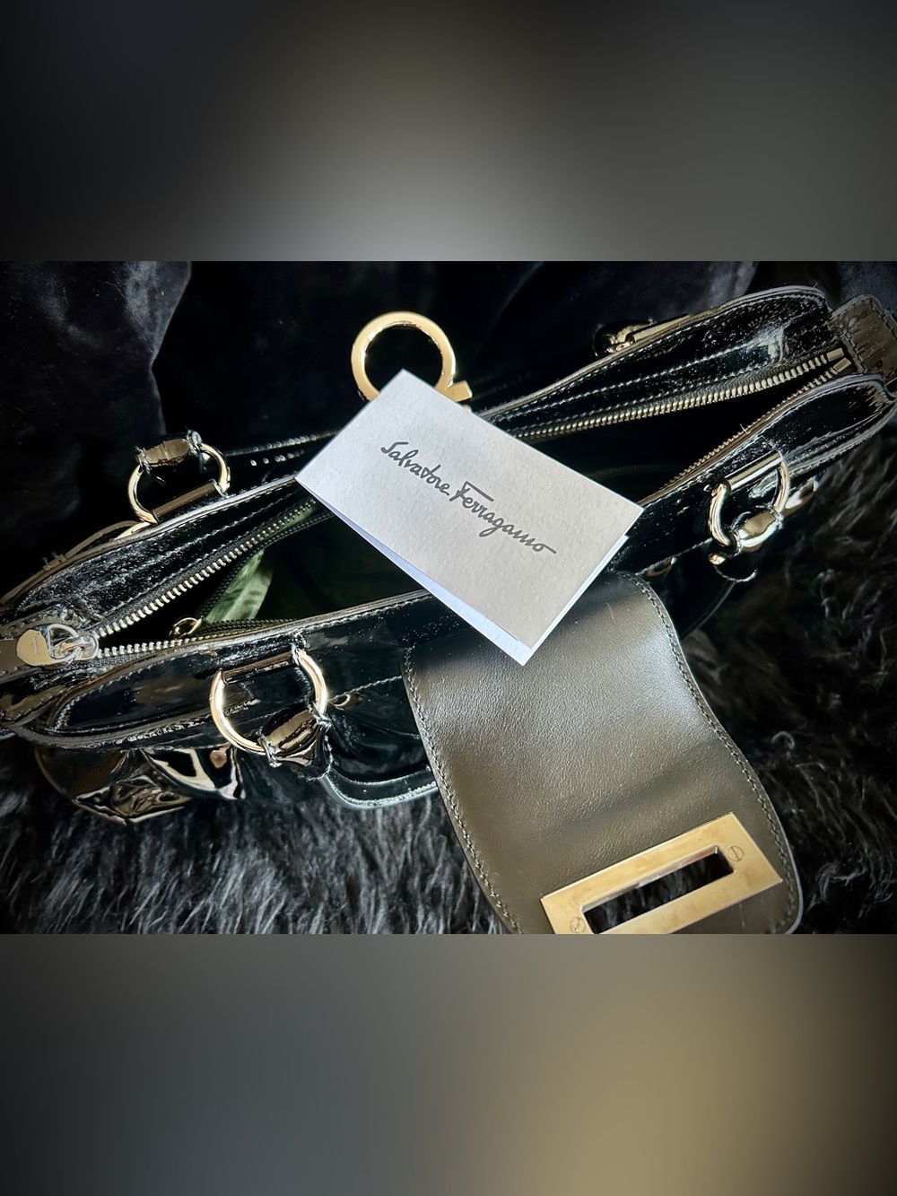 Vintage 2000s SALVATORE FERRAGAMO Marissa Gancini black patent leather bag,NEW - Picture 6 of 12